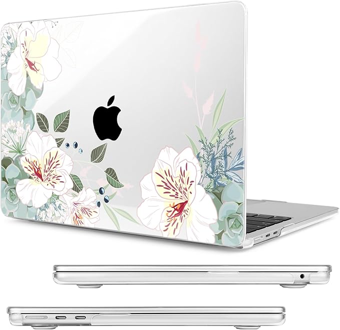 Compatible with MacBook Air 15 inch Case, M4 A3241/M3 A3114/M2 A2941 (Released 2025 to 2023), Hard Shell, Keyboard Cover, Screen Protector, Webcam Cover & Type-C Adapter, White Alstroemeria