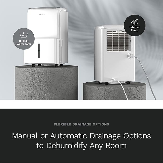 hOmeLabs 40 Pint Dehumidifier with Pump for up to 6,000 Sq Ft Rooms (MAX 104 Pint at 95°F, 90% RH) – Powerful Moisture Removal for Medium to Large Rooms and Basements