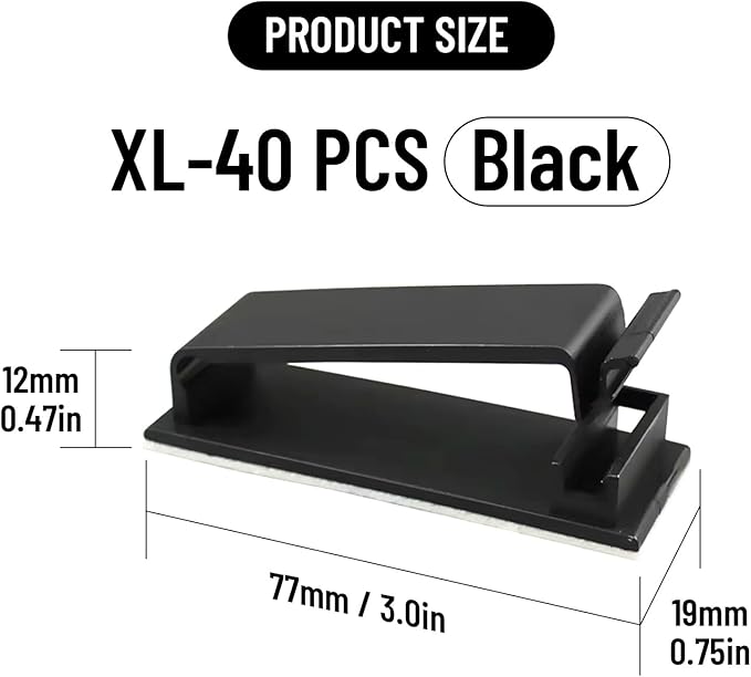 Adhesive Cable Clips Holder, Outdoor Light Clips, Black Cord Wire Clips, Sturdy Nylon Cord Wall Finisher Wire Clamp for Home, Car, Office Desk Wire Management (Black, XL-40 PCS)