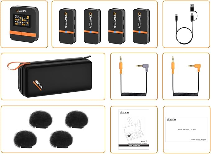 COMICA Vimo Q Four-Channel Mini Wireless Lavalier Microphone System with 4 Transmitters and 1 Receiver with Charging Case for Phone Video Recording Interview Youtubers Vloggers