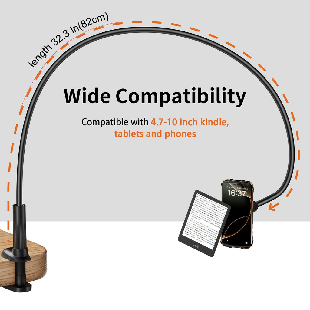 Arctiiro Gooseneck Kindle Holder for Reading in Bed - [Case-Friendly] Phone Holder for Bed, Kindle Paperwhite Stand Accessories, Overhead Cell Phone Clamp Mount for Desk, for Tablets 4-10 inches