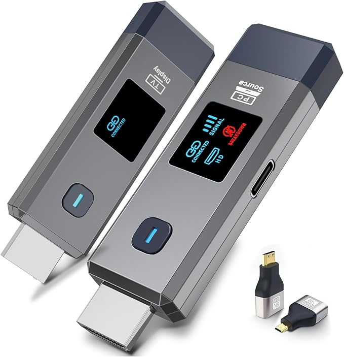 Wireless HDMI Transmitter and Receiver 165ft/50m for 4K Decode Input 1080P Output Plug&Play Portable 2.4G/5.8G for Video and Audio to Monitor from PC/Projector/TV Box, with Display Screen
