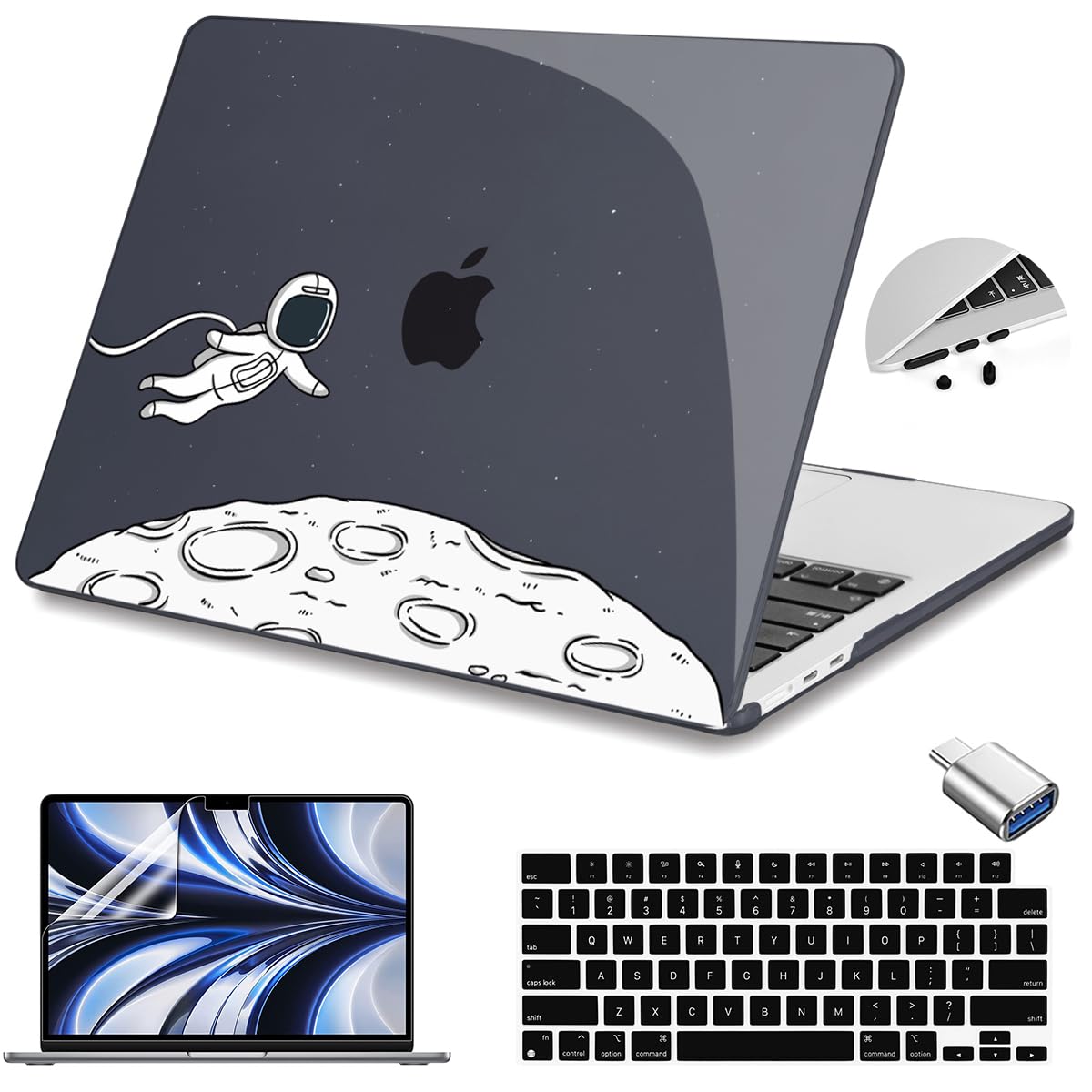 Teryeefi for M4 MacBook Air 13.6 inch Case 2022 2023 2024 2025 Release M3 A3113 M2 A2681 with Touch ID, Design Hard Shell Case+Keyboard Cover+Screen Protector+Type C Adapter, Floating Astronaut