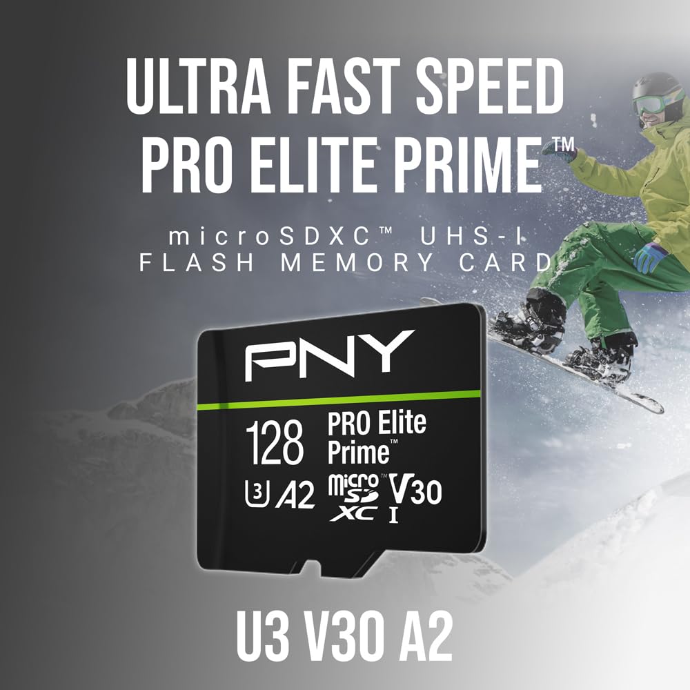 PNY 128GB PRO Elite Prime™ C10 U3 V30 A2 microSDXC Flash Memory Card – Ultra-Fast Speeds, Read 200MB/s, Write 150MB/s, 4K UHD, Full HD, UHS-I, for Smartphones, Drones, Action Cameras, 2-Pack