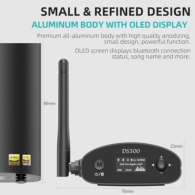 1Mii DS500 LDAC Bluetooth Hifi Receiver, Long Range Bluetooth 5.1 Audio Adapter w/Audiophile DAC, aptX HD & Low Latency, OLED Display & Optical Coaxial RCA Output for Home Stereo/AV Receiver/Amplifier