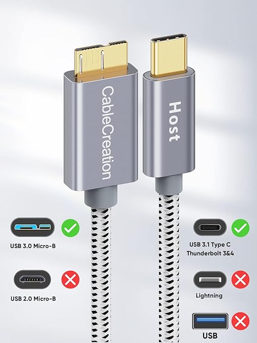 CableCreation 3.3FT USB C to Micro B Cable,10Gbps Speed External Hard Drive Braided,USB 3.1 Type C to Micro B Work for iPhone 15 Series,Seagate WD Westgate My Passport,MacBook Pro,iPad/Tablet,Grey