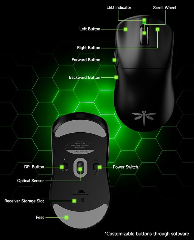 VGN F1 PRO Wireless Gaming Mouse - Ultralight 49g - Wireless & Wired Mode - 26000 Adjustable DPI - 1000Hz Polling Rate - 65 Hours Battery - Programmable Buttons - Esports Professional Grade - USB-C