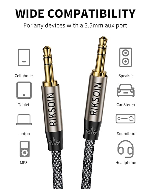 3.5mm Nylon Braided Aux Cable, Silver-Plated Wire Core Male to Male Cord for Headphones Car Home Stereos Speaker Compatible with iPhone iPad iPod Echo More-10FT