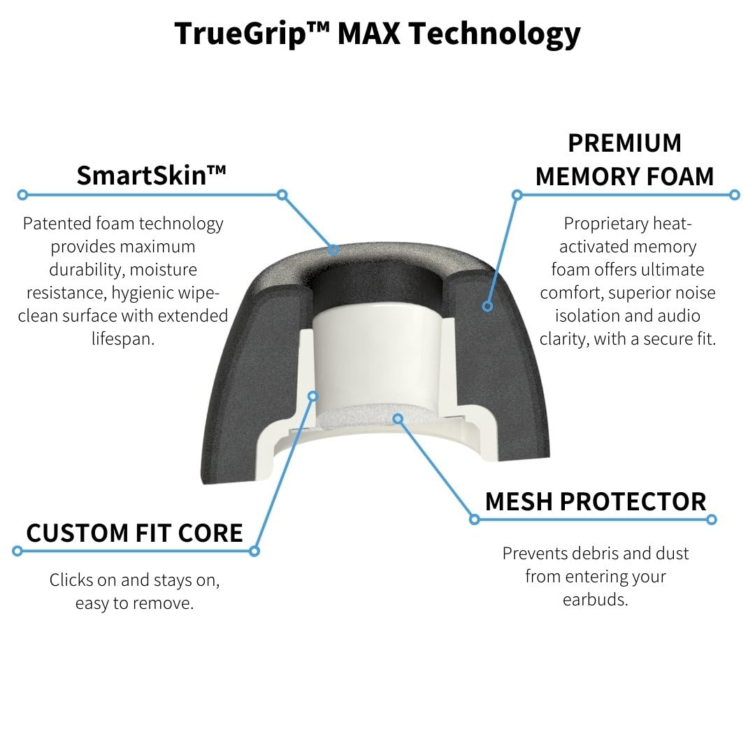 Comply TrueGrip MAX Premium Memory Foam Replacement Ear Tips, Black (Large)