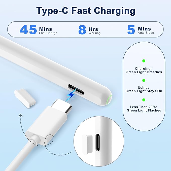Pencil 2nd Generation for iPad 2018-2024 with Magnetic Wireless Charging Compatible with Apple iPad Pro 13”(M4)/12.9”/11”,iPad Air 6(M2)/5/4/3,iPad mini 7(A17 Pro)/6/5,iPad10/9/8/7/6 White