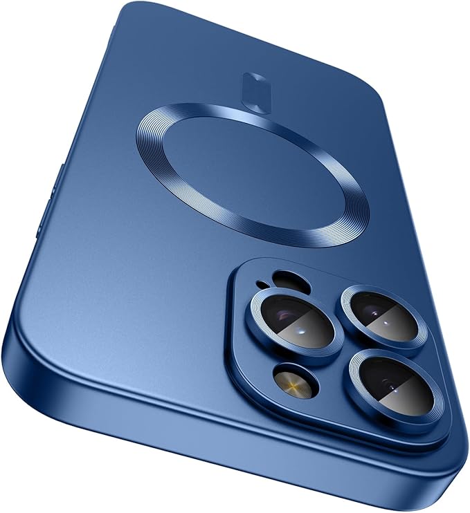 Magnetic for iPhone 16 Pro Max Case [Compatible with MagSafe][Built-in Camera Lens Protector] Slim Soft Silicone Bumper Shockproof Metallic Luster Phone Case (Blue)