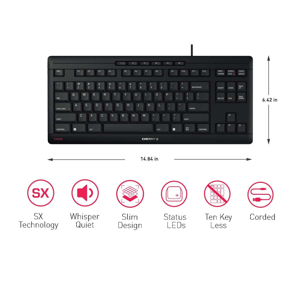 Cherry Stream Wired Keyboard Without Number Pad, Compact TKL