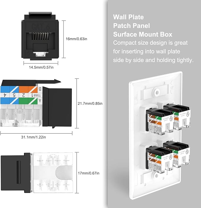VCE UL Listed Cat6 RJ45 Keystone Jack Insert 25-Pack, 90 Degree Punch Down Keystone Jack Adapter Slim Profile Black
