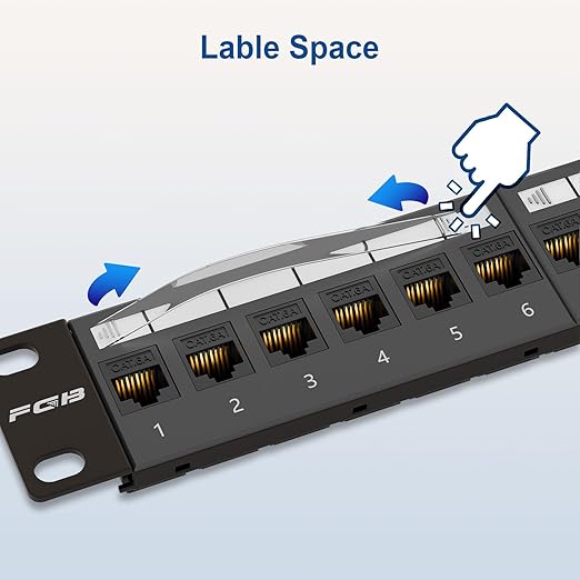 FGB 24 Port Cat6A Keystone Patch Panel, 19" Rackmount or Wall Mount, 1U with Back Bar, Network Patch Panel for Gigabit Ethernet