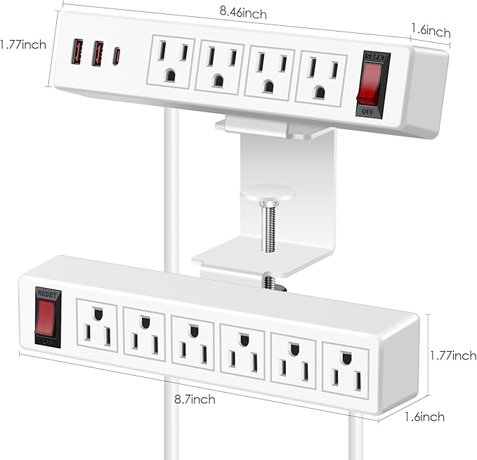 Desk Clamp Power Strip with PD20W USB-C, 2 in 1 Dual Layer Under Desk Power Strip, Removable Clamp Power Socket with 10AC Outlets & Switch, 6ft Extension Cord(ETL Listed)