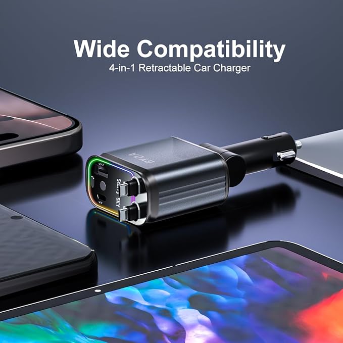 Fast Car Charger 4 in 1 Retractable Car Charger 69W with Starry Light,USB-C Fast Car Accessories,Compatible with All iPhones All Android Phones (GreyLightning+USB-C & PurpleLight)