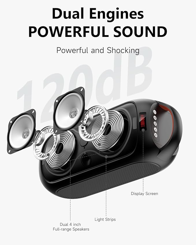 Portable Bluetooth Speakers with 120dB Loud Sound|Beat-Driven Light Show, 5 RGB Modes, Bluetooth 5.3, USB/TF/AUX/FM/Mic Input/TWS | Portable for Party, Camping, Tailgating, Backyard, Indoor Gatherings