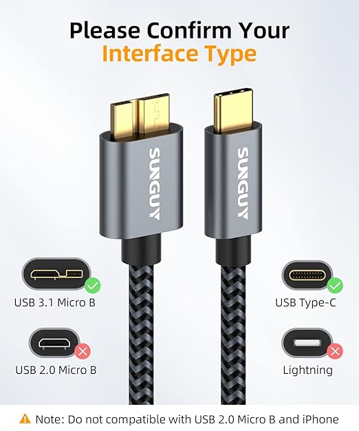 SUNGUY 5Pack 10Gbps Micro B to USB C Hard Drive Cable 1FT, USB 3.1 USB C to Micro B Cable, High-Speed External Hard Drive USBC Cord for iPhone 15, MacBook Pro/Air, WD Toshiba Westgate Seagate
