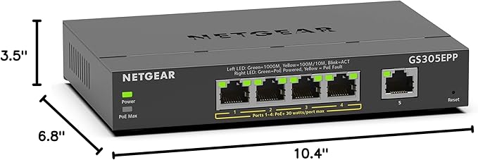 NETGEAR 5 Port PoE Gigabit Ethernet Easy Smart Managed Essentials Switch (GS305EPP) - with 4 x PoE+ @ 120W, Desktop or Wall Mount