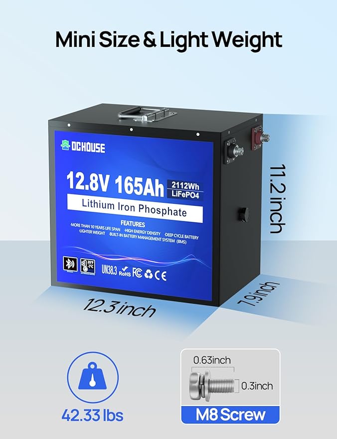 DC HOUSE 12V 165Ah LiFePO4 Lithium Battery, Bluetooth & Low Temp Protection, Safer Metal Case, 12V Lithium Battery up to 15000 Cycles, 120A BMS, Perfect for Trolling Motors, Marine, Boat, Solar