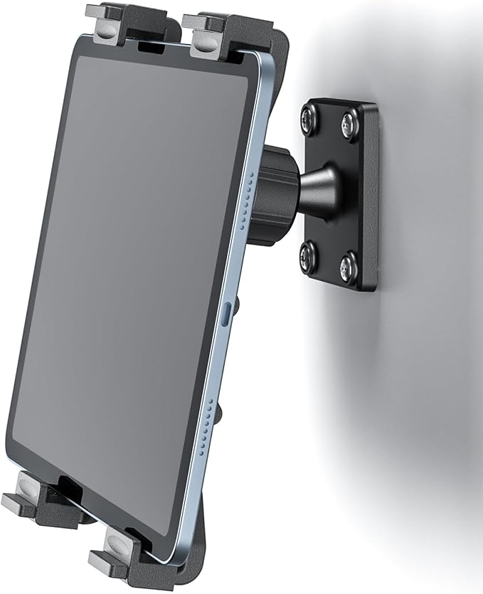 PLDHPRO Tablet Wall Mount, 360° Rotation Universal iPad Holder Stand Compatible with Galaxy Tab, Surface, Fire HD, e-Readers, 7-12.9'' Tablets for Kitchen, Bathroom, Warehouse, Drilled Screw Mounted
