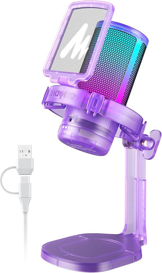 MAONO Gaming Microphone with Noise Cancellation, PC USB Condenser Mic for Computer, Mac, Laptop, PS5, Streaming, Podcast, Twitch, YouTube, Discord, GamerWave DGM20 Purple