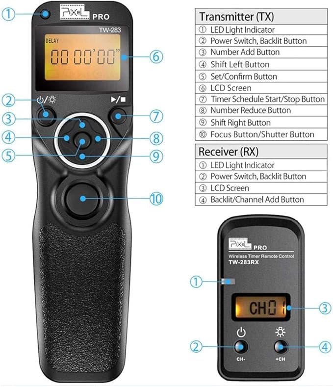 Pixel Wireless Shutter Release Timer Remote Control TW283-90 Compatible with Fujifilm GFX50S X-Pro2 X-H1 X-T2 X-T1 X-T10 X-T20 X-T100 X-E2S X-E2 X-M1 X-A3 X-A2 X-A1 X-A10 X100F X100T X70 X30 XQ2 XQ1