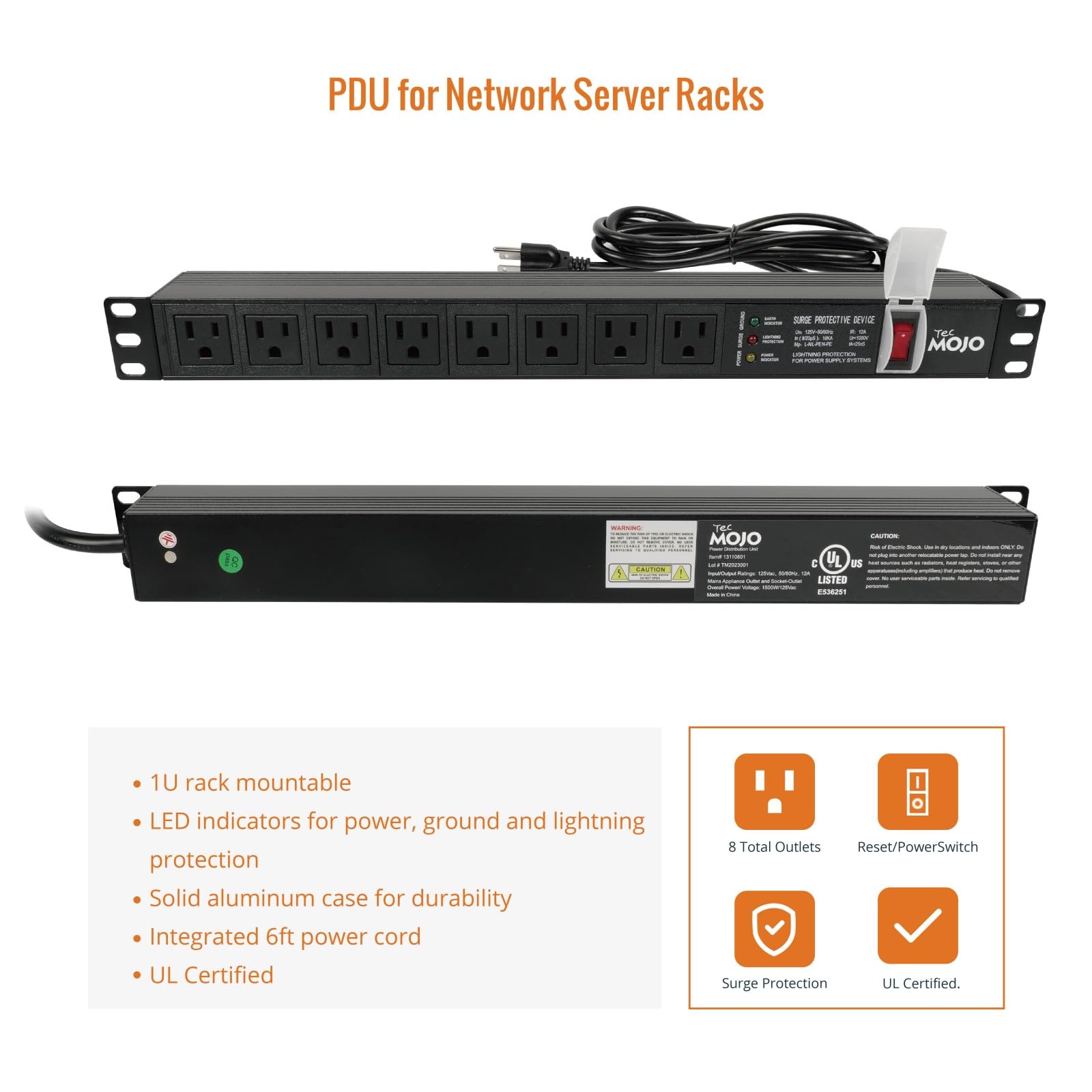 Tecmojo 1U Rack-Mount Horizontal 8-Outlet PDU, UL Listed PDU with Surge Protection LED Indicators 6ft Cord Power Distribution for IT and Network Server Racks