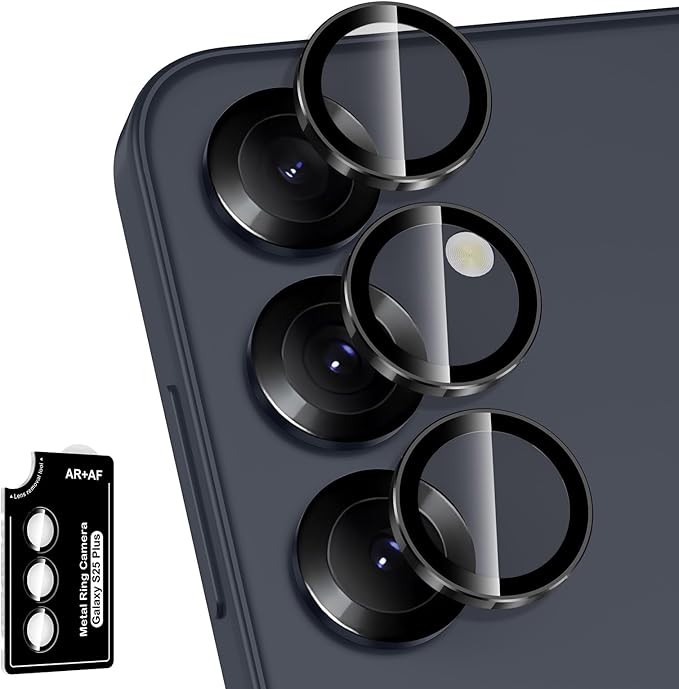 for Samsung Galaxy S25 Plus Camera Lens Protector, Individual Metal Ring Tempered Glass Lens Cover, [Strong Adsorption] Scratch Resistant Ultra-Thin HD Clear Lens Cover, 1 Set-Black Ring