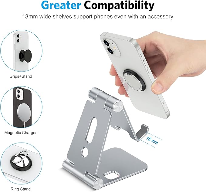 OMOTON Foldable Cell Phone Stand, C4 Portable Aluminum Phone Holder, Adjustable Phone Dock Cradle Compatible with iPhone 16/15/14 Pro Max, Samsung Galaxy, Small Tablets and Other Phones, Grey