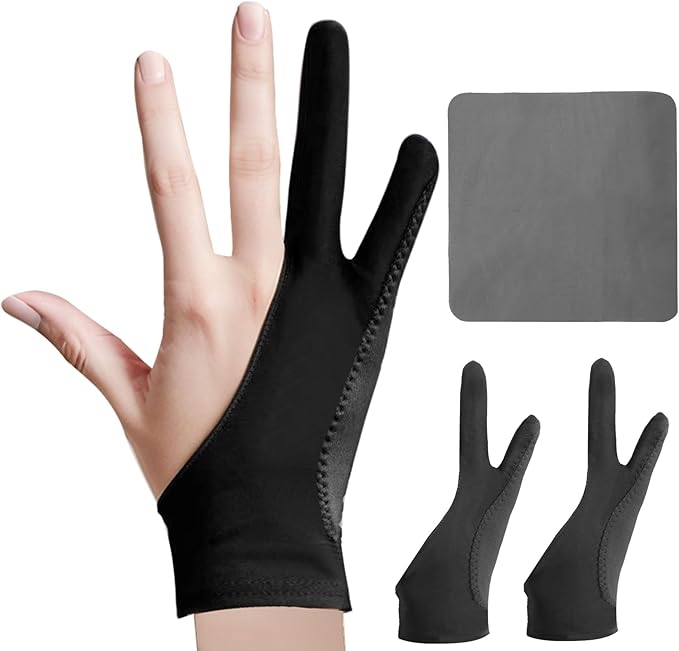 Digital Drawing Glove: 3-Layer Palm Rejection, Two-Finger Artist Glove for Drawing Tablet, iPad, Paper Sketching, Fits Left and Right Hand, Includes Cleaning Cloth(2 Pack,Black,Large)