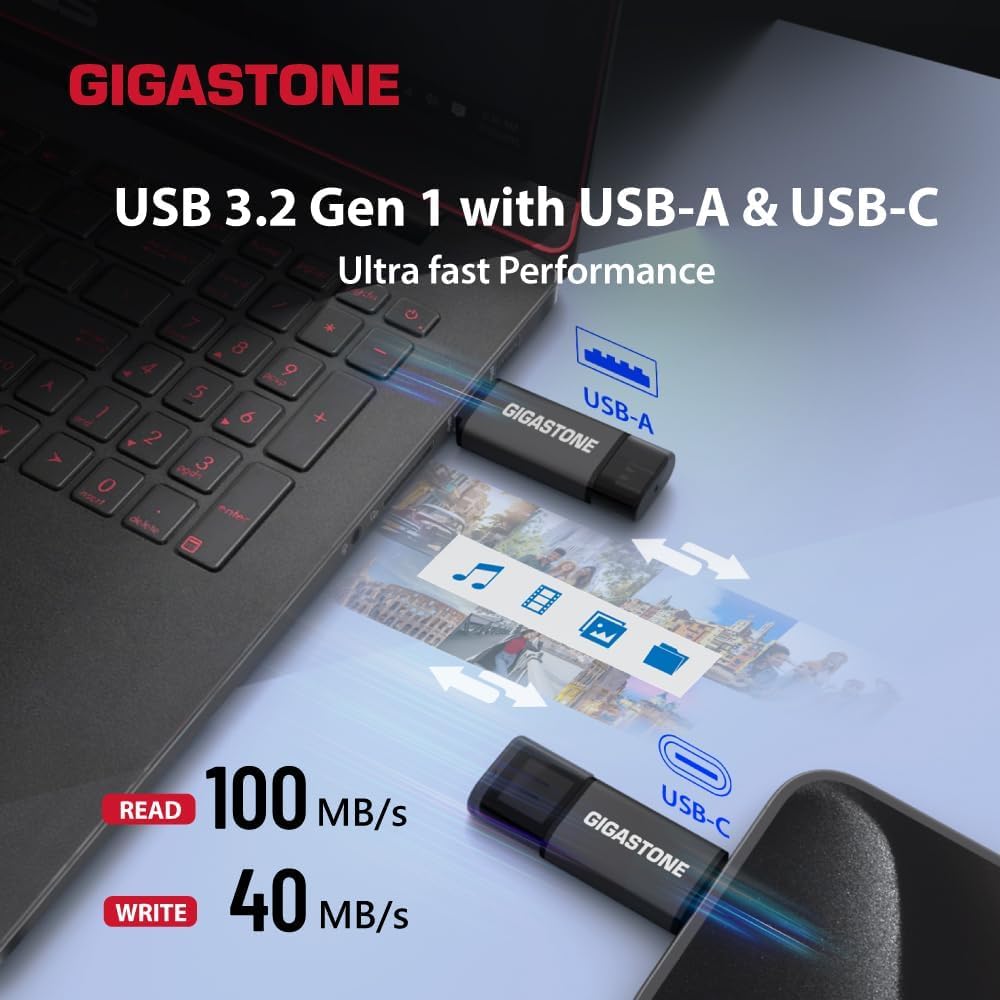 GIGASTONE 64GB Dual USB Flash Drive 5-Pack, USB 3.2 Gen 1, 2-in-1 USB C+A, Speed Up to 100MB/s, Head Cap Design Thumb Drive, Plug & Play for Smartphone/PC/Mac/TV/Car Audio, USB 2.0/3.0/3.1 Compatible