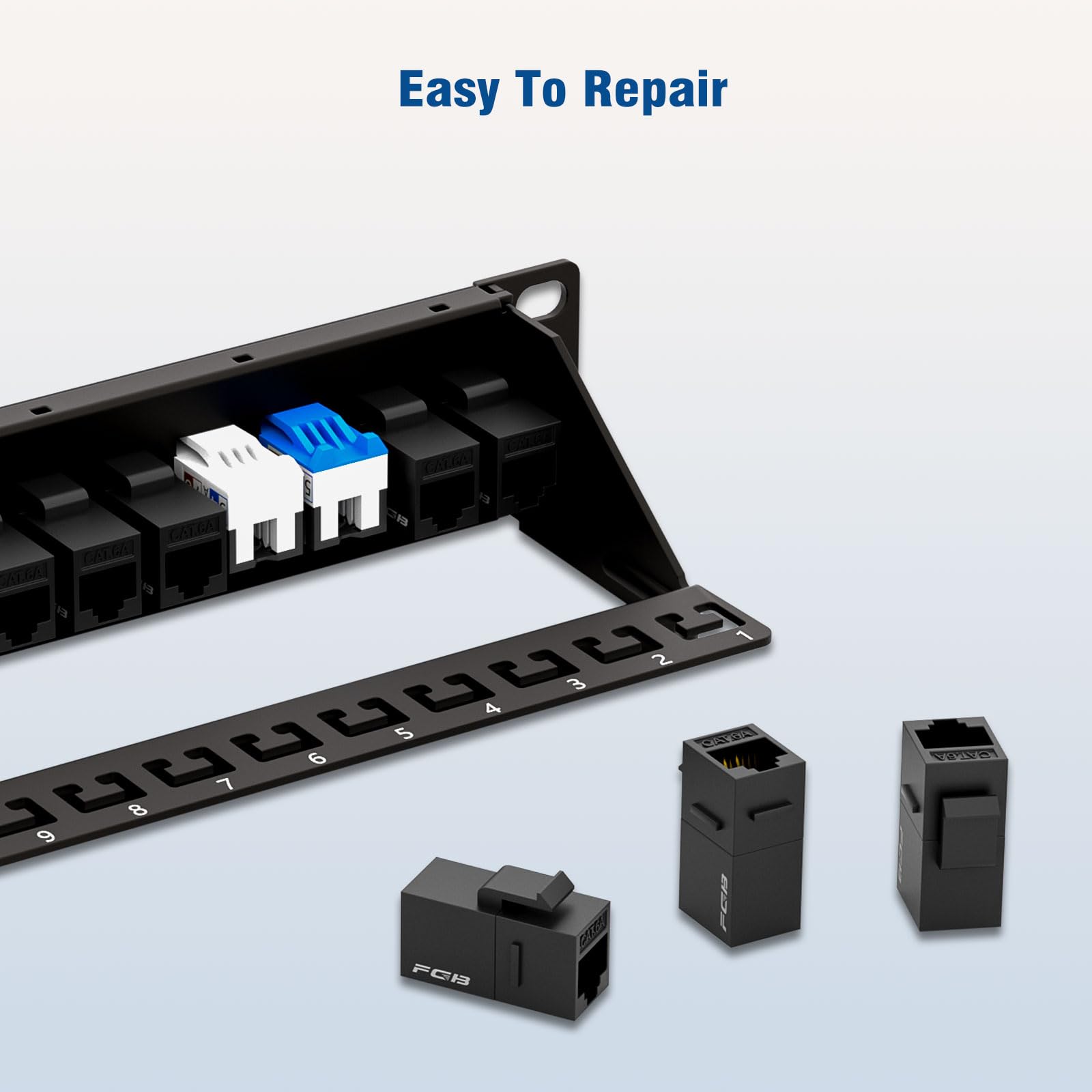 FGB 24 Port Cat6A Keystone Patch Panel, 19" Rackmount or Wall Mount, 1U with Back Bar, Network Patch Panel for Gigabit Ethernet