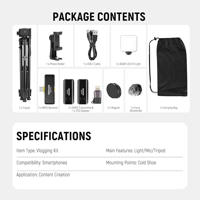 NEEWER Basics PA056 Vlogging Kit for iPhone Android Phone for YouTube TikTok Streaming Filmmaking Video Recording, Tripod + Microphone + LED Fill Light, Youtuber Starter Content Creator Essentials