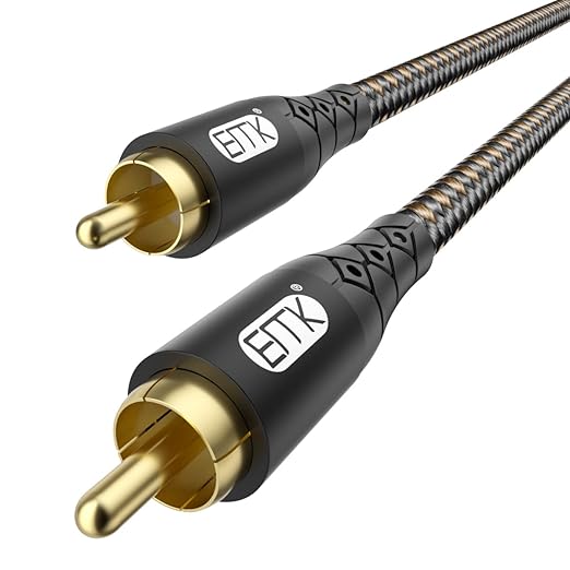 EMK RCA to RCA Subwoofer Cable – 24K Gold-Plated Connector Nylon Braided Double Shielded Audio Cable Digital&Analog Signal Support for Amplifiers Subwoofer Home Theater Hi-Fi Systems Black/3ft/1m