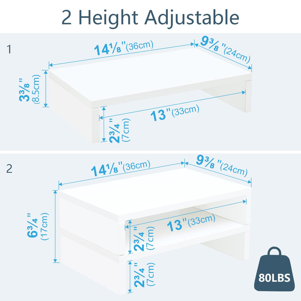 TEAMIX White Monitor Stand Riser - 2 Pack, Wood 2 Tier Adjustable Dual Monitor Riser for Laptop/PC Computer Stand for Desk