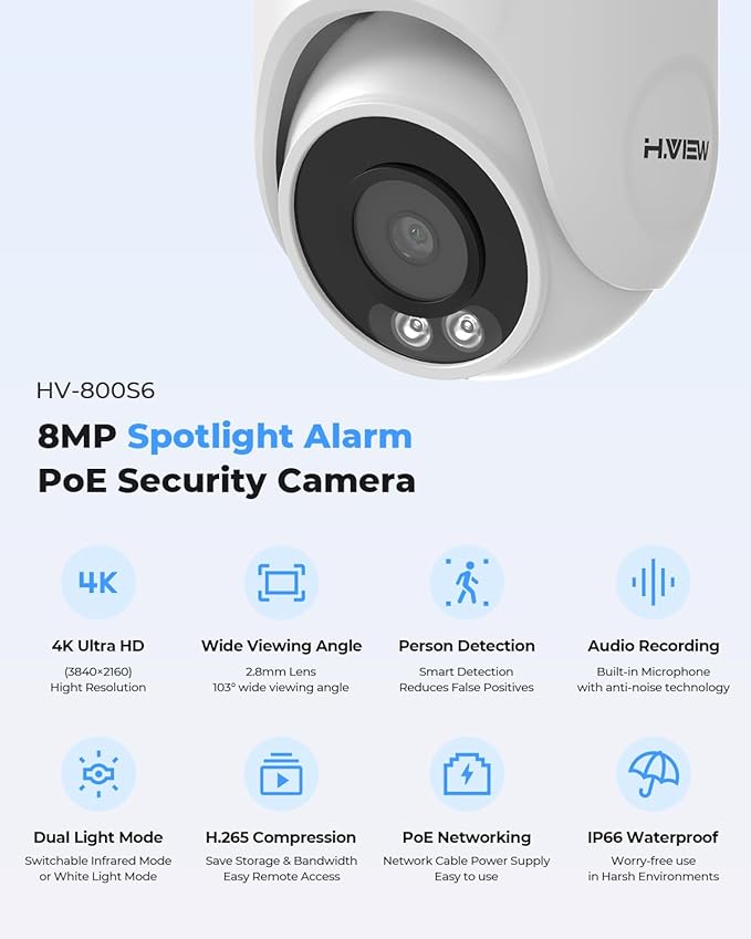 H.VIEW 4K 16 Channel Security Camera System 16Pcs CCTV Camera kit PoE 8MP Indoor Outdoor Dome Wired Surveillance Video with Audio,16CH 4K H.265 NVR with 4TB HDD, CCTV Surveillance for Businesses