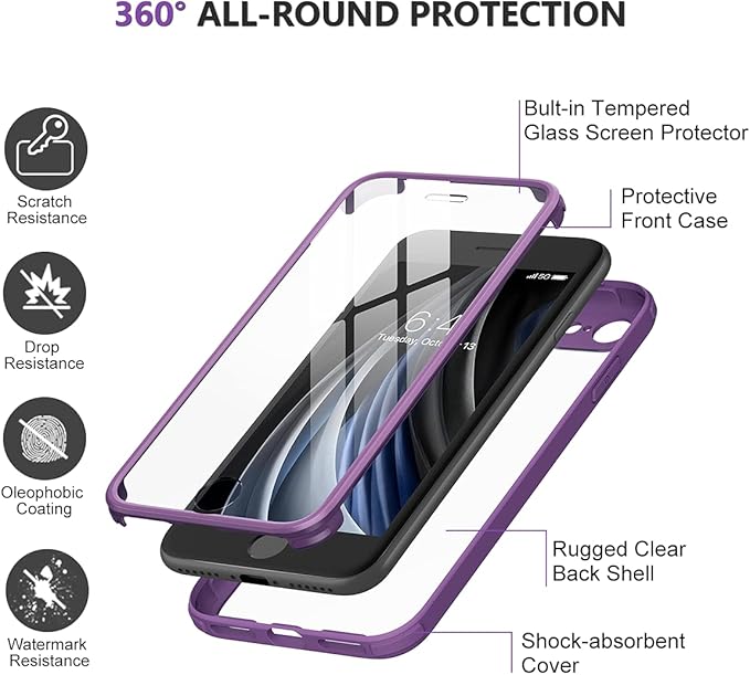 Miracase for iPhone SE Phone Case 3rd/2nd Generation 2022 2020 Full-Body with Built-in Glass Screen Protector, Heavy Duty 360° Protective Shockproof Bumper Cover for iPhone 8/SE, Purple