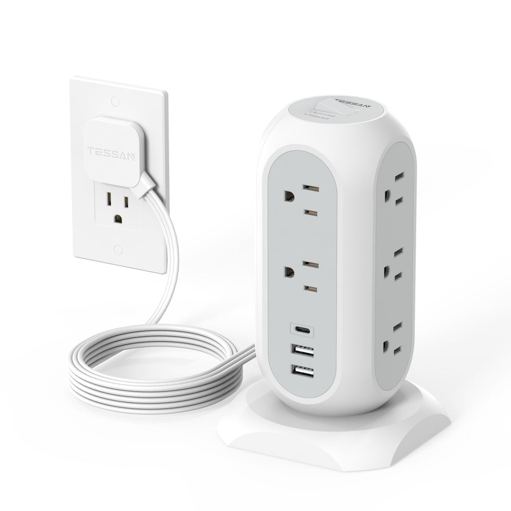 TESSAN Tower Power Strip Flat Plug with 1050J Surge Protection, 6 Ft, Grey