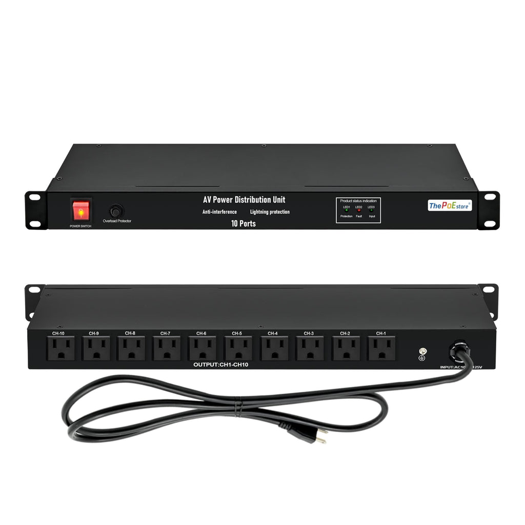 ThePoEstore 1U Horizontal PDU 19" Rack Mount Power Strip - Surge Protector