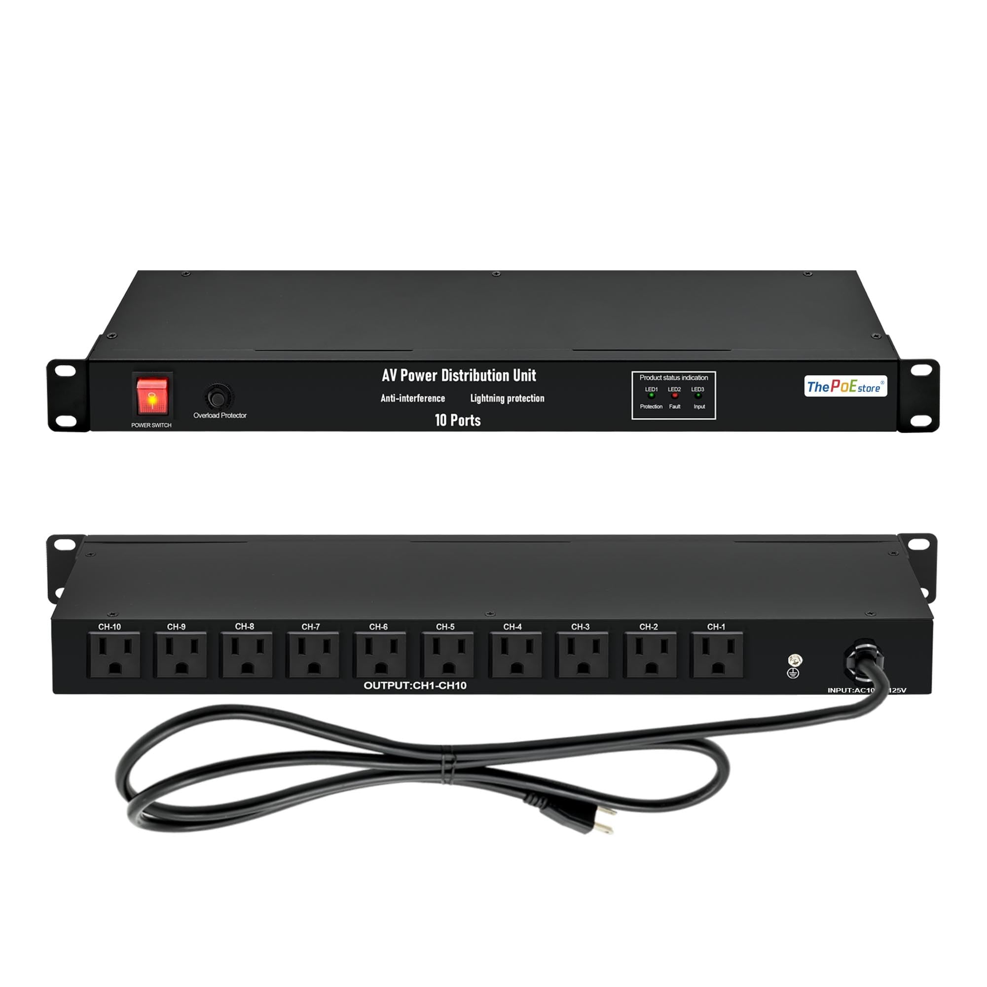 ThePoEstore 1U Horizontal PDU 19" Rack Mount Power Strip - Surge Protector