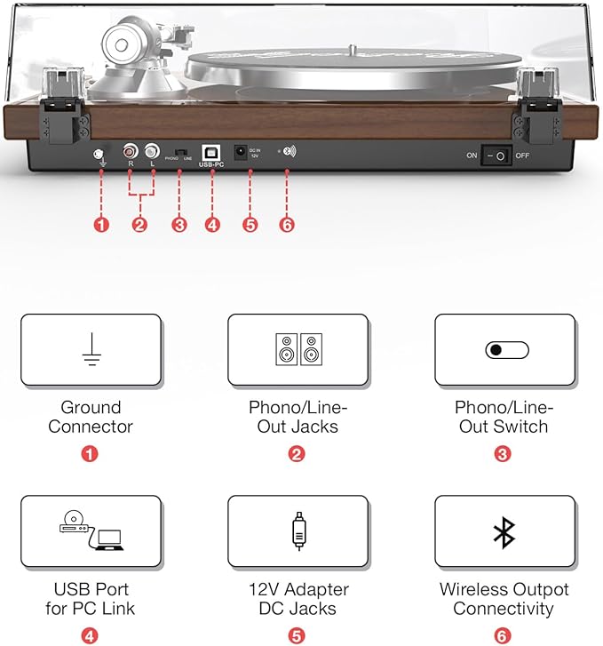 Record Player for Vinyls Turntables Wireless Output Connectivity Belt-Drive 33 45 RPM Speed Phono Line USB Digital to PC Recording MM Audio Cartridge Stylus Adjustable Counterweight Vintage Brown