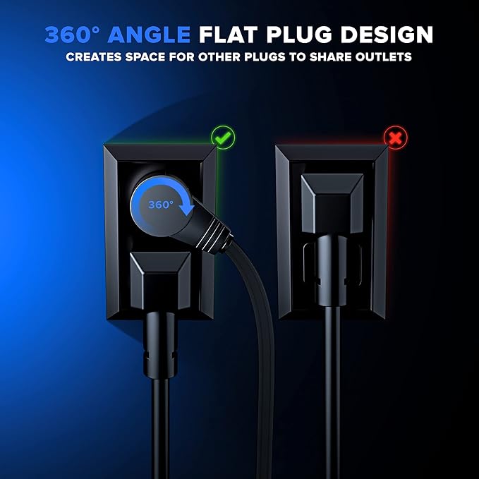 Maximm Cable 2 Ft 360° Rotating Flat Plug Extension Cord, 16/3 AWG Multi 3 Outlet 3-Prong Grounded Wire- Black - UL Certified
