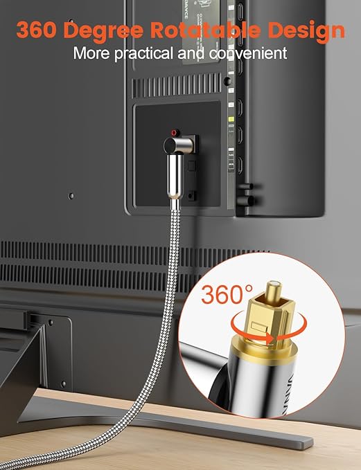 VANAUX 90-Degree Optical Audio Cable 10FT,Premium Fiber Optic Toslink Cable(24K Gold-Plated Connectors,Aluminum Alloy Shell,Braided Jacket)Ideal for Tight Spaces,Home Theater,Soundbars,Gaming Consoles
