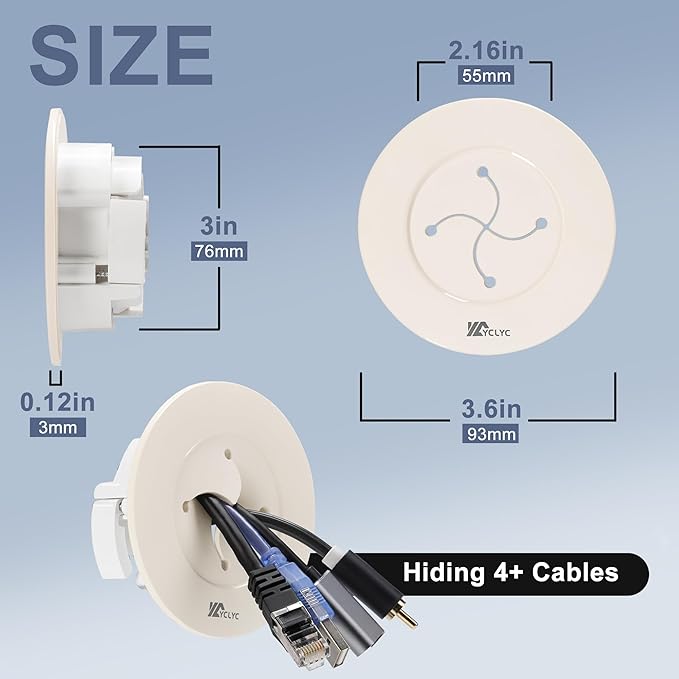 Wire Hiders for TV on Wall, 3in Off White in Wall Cable Management Kit, YCLYC Cable Hider Wall Grommets for Cables, Wire Hider Wall to Install Includes 4 Pass Brackets and 1 Hole Saw Drill