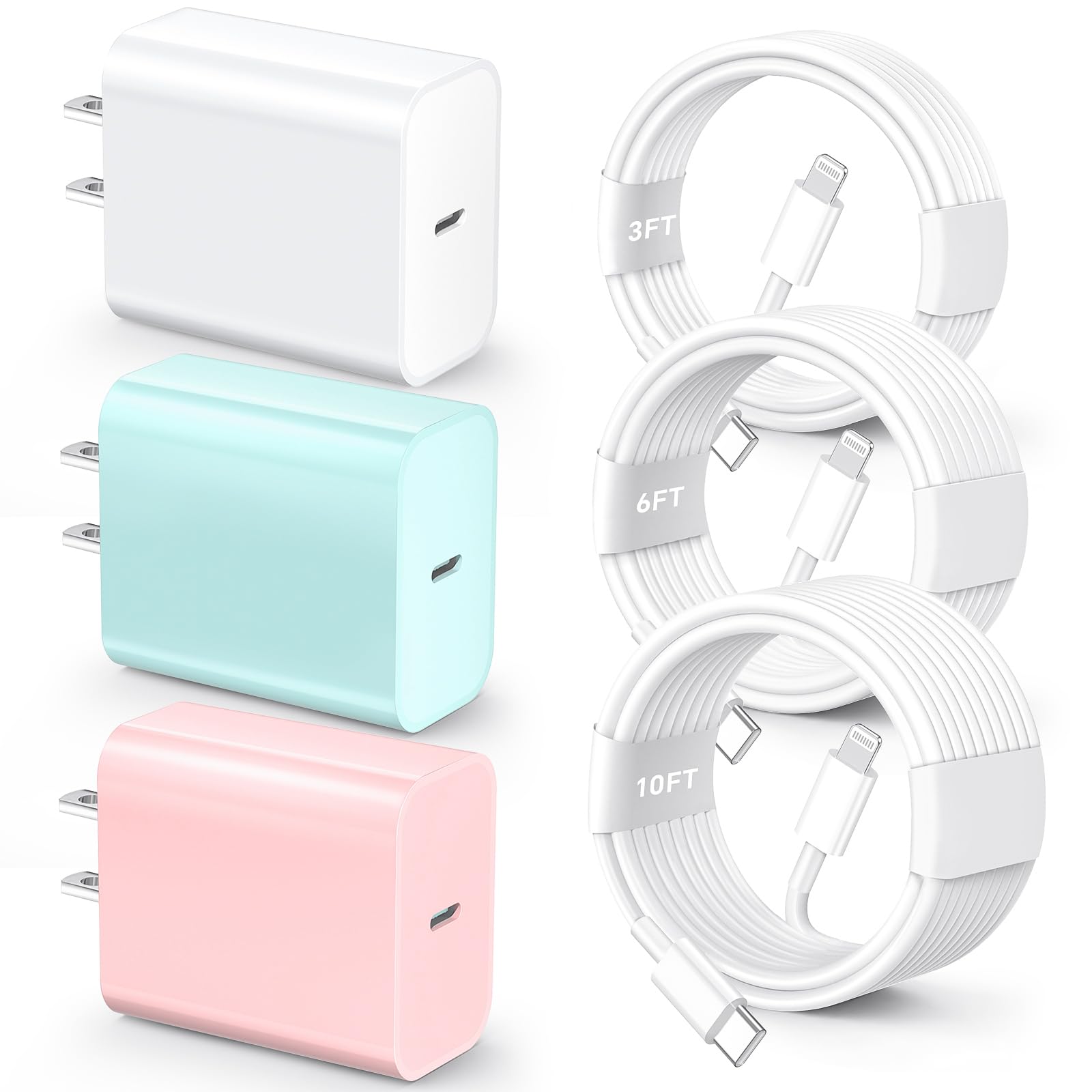 for iPhone 14 13 12 11 Fast Charger, [MFi Certified] 3 Pack 20W USB C Charger Block with 3FT&6FT&10FT USB C to ightning Fast Charging Cable Compatible with iPhone 14/13/12/11/Pro/Pro Max/Xs/Xr/X