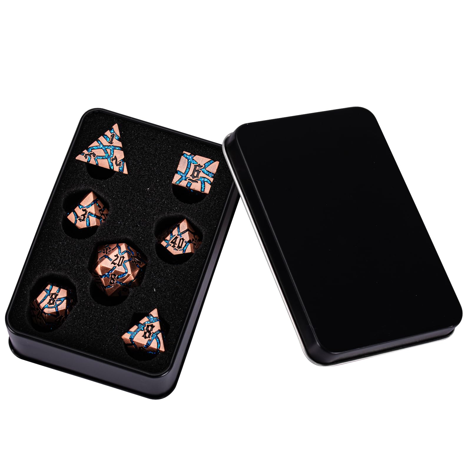 Maywin Cracked Rune Metal Dice Set for DND & RPG – Dark Fantasy Fractured Design, Premium Heavy Metal Polyhedral Dice with Deep Engraved Numbers, 7-Piece Set – Blue Arcane Vein