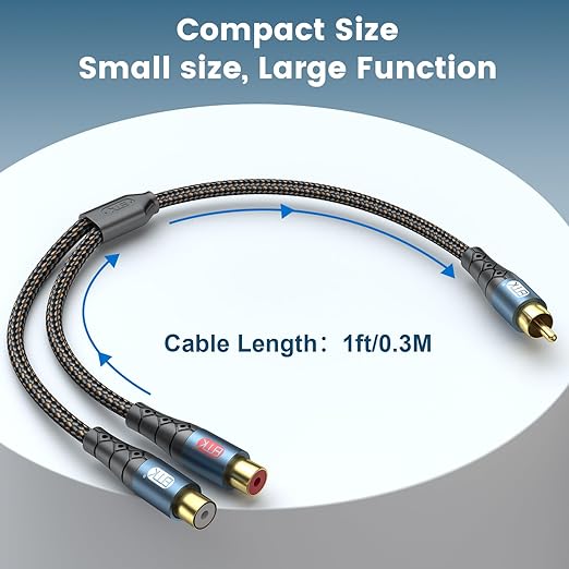 EMK RCA Splitter 1 Male to 2RCA Female Copper Shell Gold-Plated Y Adapter RCA Male to 2RCA Female Cable RCA Y Splitter Connectors Extension Cord 1ft/0.3m