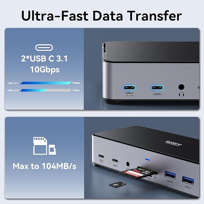USB C Docking Station 3 Monitors Laptop Dock Dual Monitor with 2 HDMI DisplayPort 4K144Hz,USB A 2.0/3.0,USB C 3.1 10Gbps&30W Output,Ethernet,MicroSD&SD,Audio&Mic,150W DC Power for Dell/Lenovo/HP