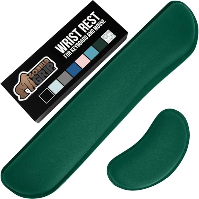 GORILLA GRIP Silky Gel Memory Foam Wrist Rest for Computer Keyboard, Mouse, Ergonomic Design for Typing Pain Relief, Desk Pads Support Hand, Arm, Mousepad Rests, Stain Resistant, 2 Piece, Hunter Green